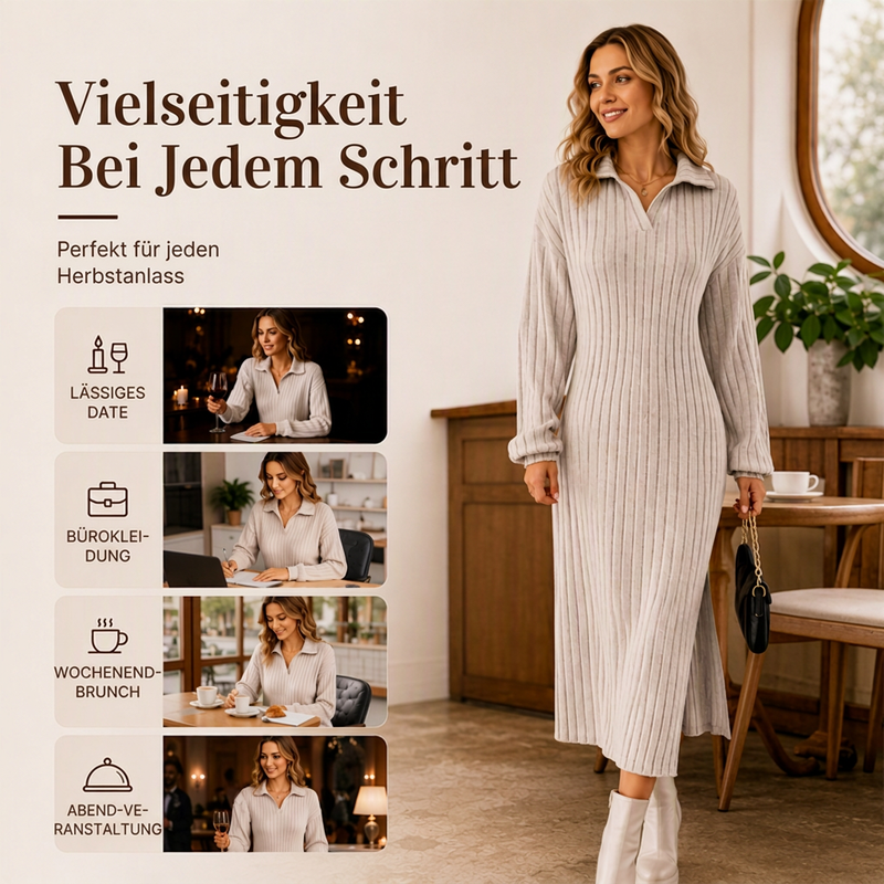 ✨Neu Eingetroffen! Geripptes Maxikleid mit Kragen und Schlitz für Damen