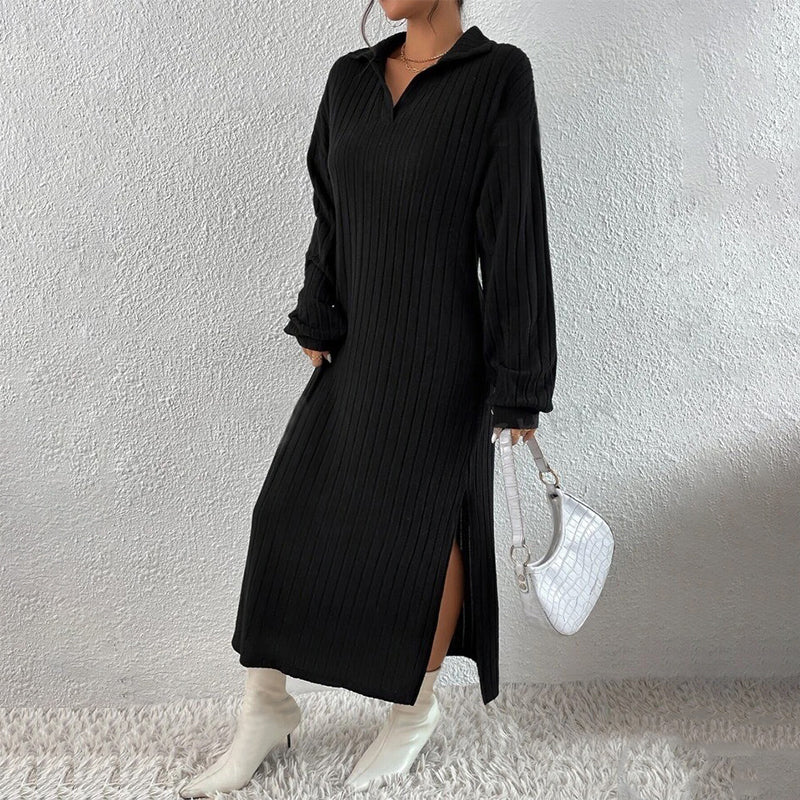 ✨Neu Eingetroffen! Geripptes Maxikleid mit Kragen und Schlitz für Damen