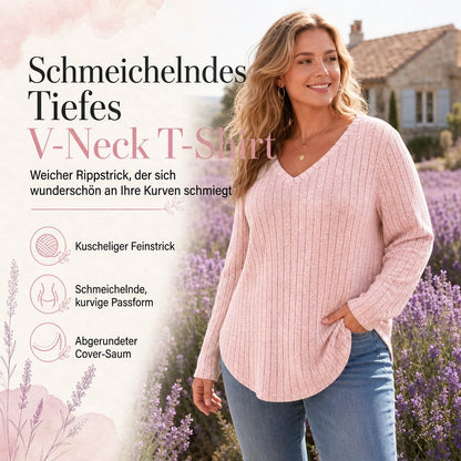 📢🎉🛍️✨Damen Übergrößen V-Ausschnitt Langarm Geripptes Gebürstetes T-Shirt Locker Sitzendes Einfarbiges Pullover-Oberteil