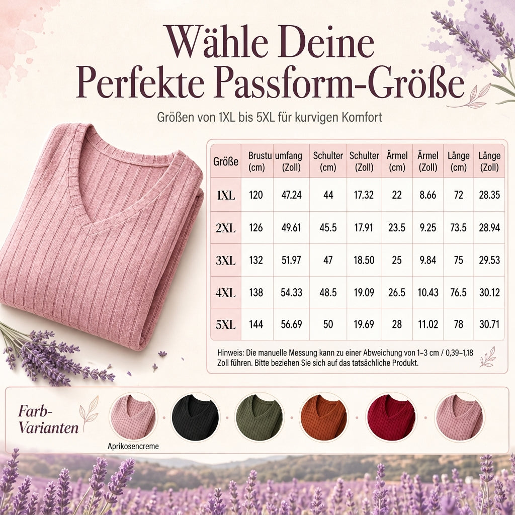 📢🎉🛍️✨Damen Übergrößen V-Ausschnitt Langarm Geripptes Gebürstetes T-Shirt Locker Sitzendes Einfarbiges Pullover-Oberteil