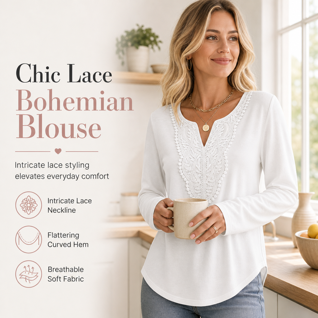 🔥 ✨Bohemische Damen-Bluse aus Spitze mit V-Ausschnitt, langen Ärmeln und lockerer Passform