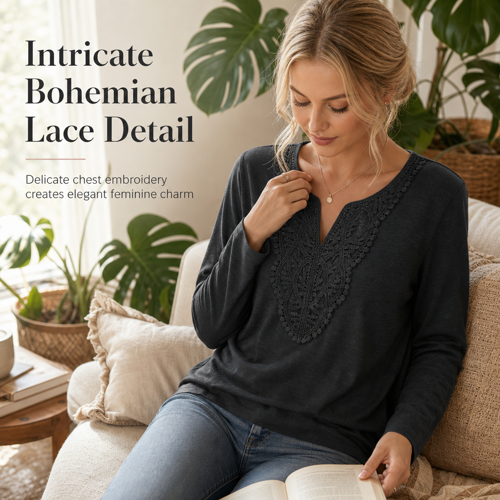 🔥 ✨Bohemische Damen-Bluse aus Spitze mit V-Ausschnitt, langen Ärmeln und lockerer Passform