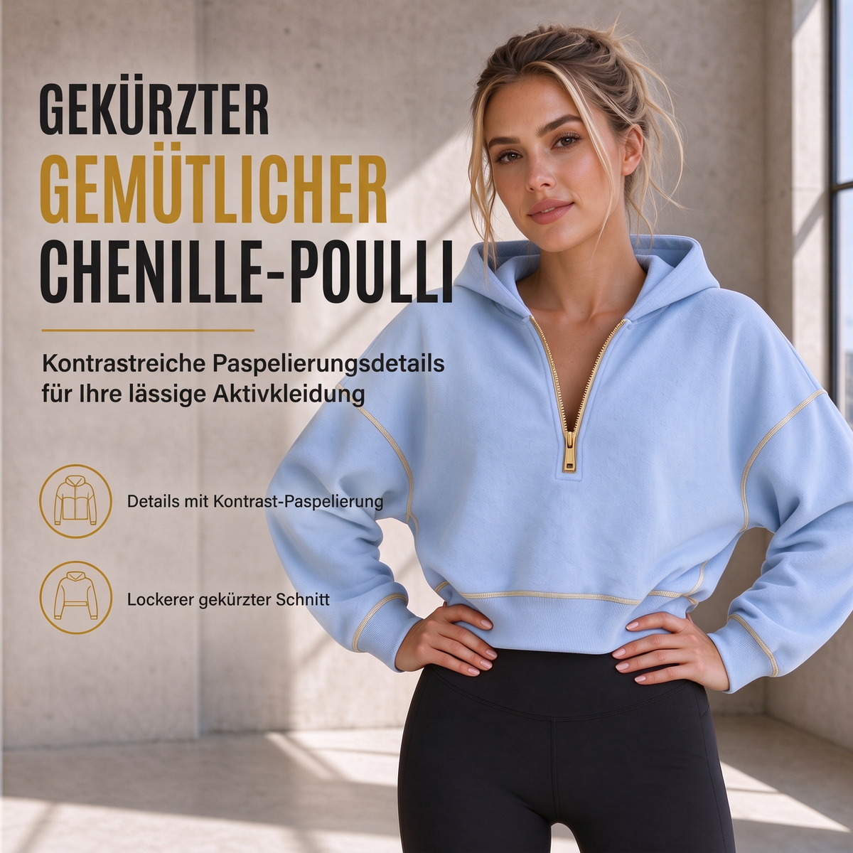 Damen-Kurzformatiges Hoodie mit Reißverschluss und Kontrastbesatz, langärmelig,Sweatshirt für Herbst und Winter
