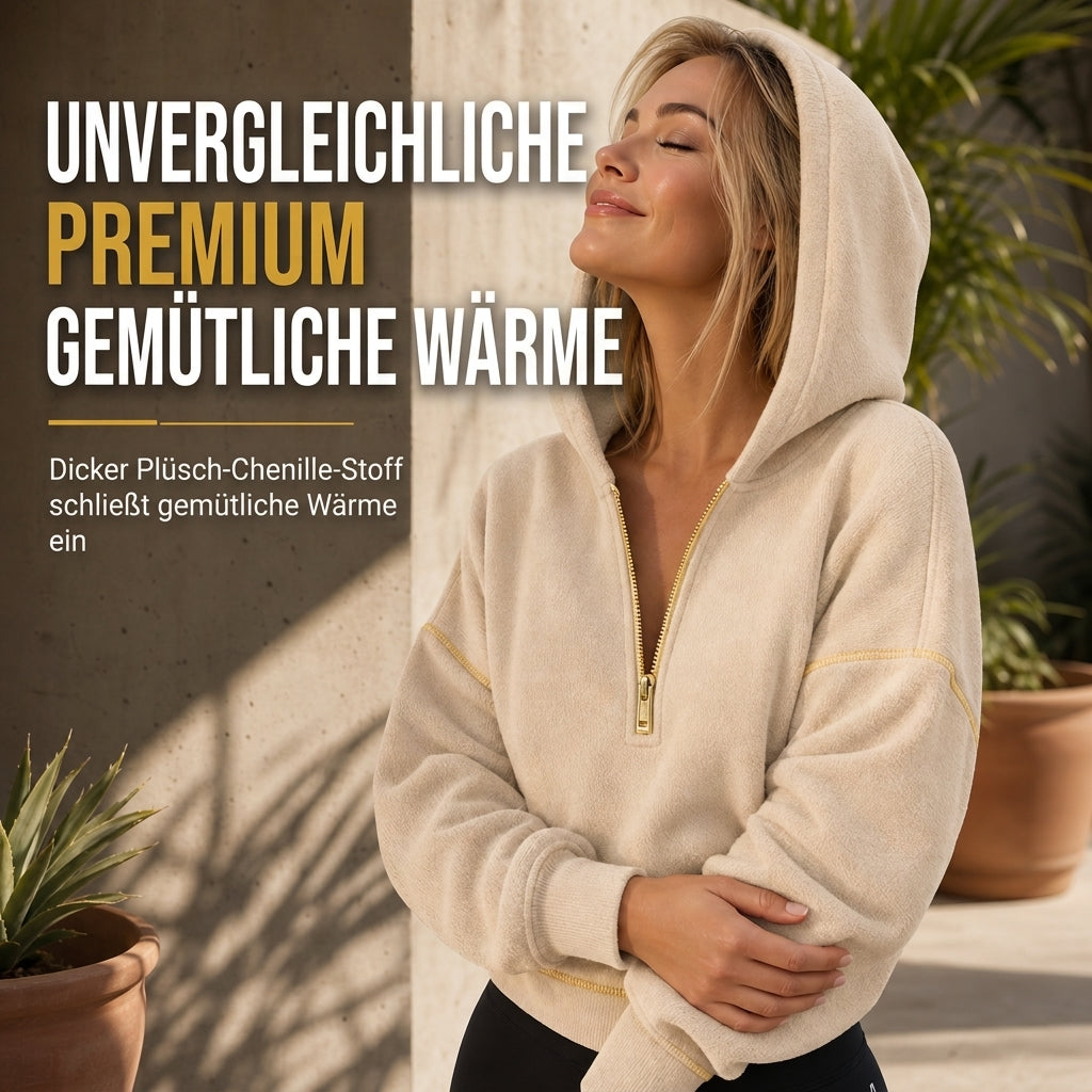 Damen-Kurzformatiges Hoodie mit Reißverschluss und Kontrastbesatz, langärmelig,Sweatshirt für Herbst und Winter