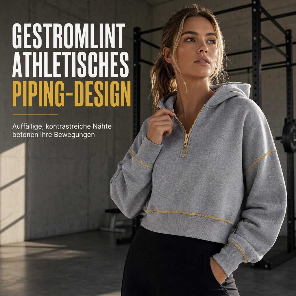 Damen-Kurzformatiges Hoodie mit Reißverschluss und Kontrastbesatz, langärmelig,Sweatshirt für Herbst und Winter