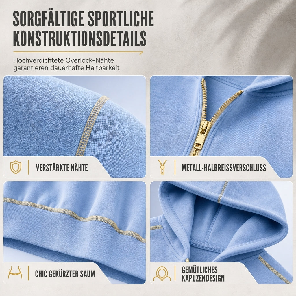 Damen-Kurzformatiges Hoodie mit Reißverschluss und Kontrastbesatz, langärmelig,Sweatshirt für Herbst und Winter