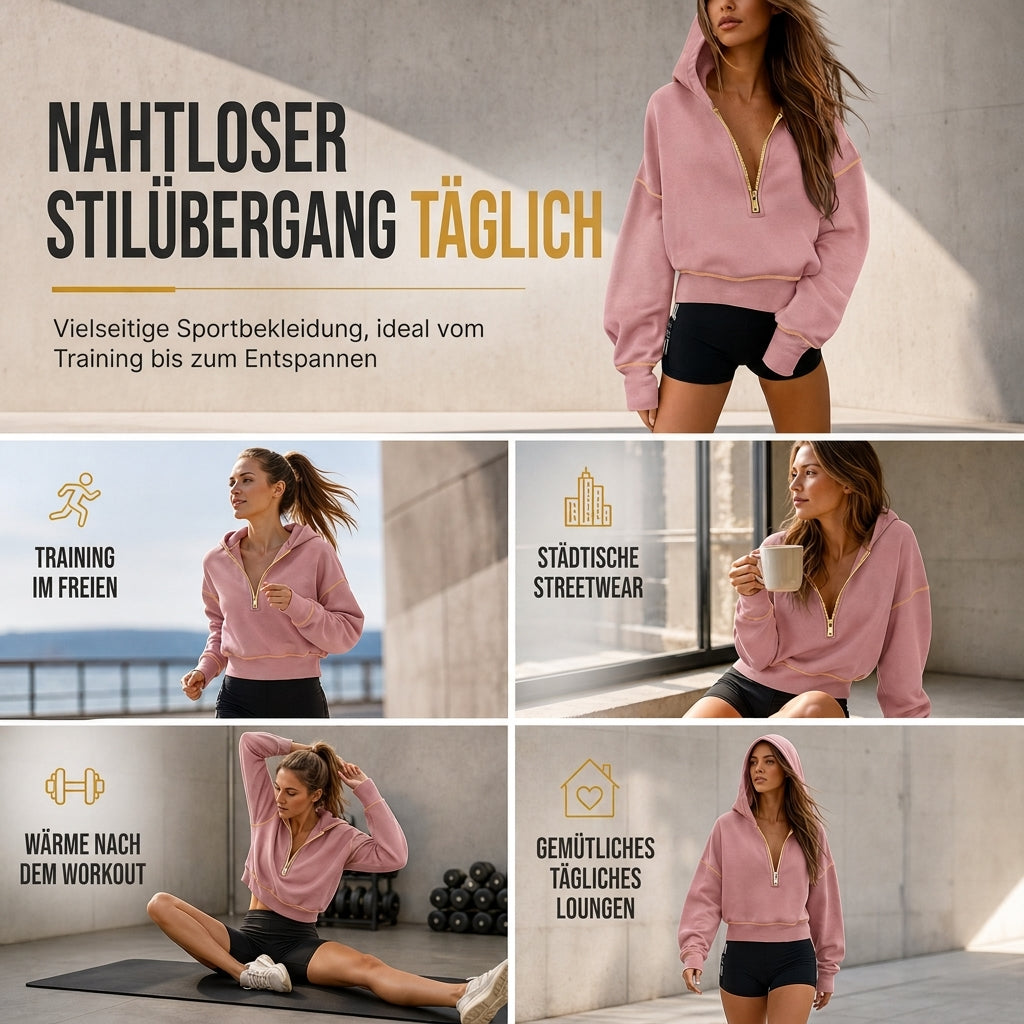 Damen-Kurzformatiges Hoodie mit Reißverschluss und Kontrastbesatz, langärmelig,Sweatshirt für Herbst und Winter