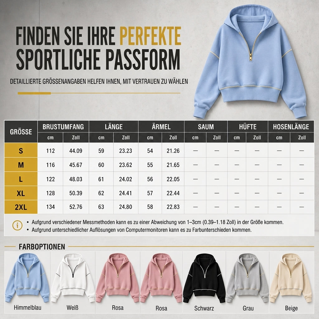 Damen-Kurzformatiges Hoodie mit Reißverschluss und Kontrastbesatz, langärmelig,Sweatshirt für Herbst und Winter
