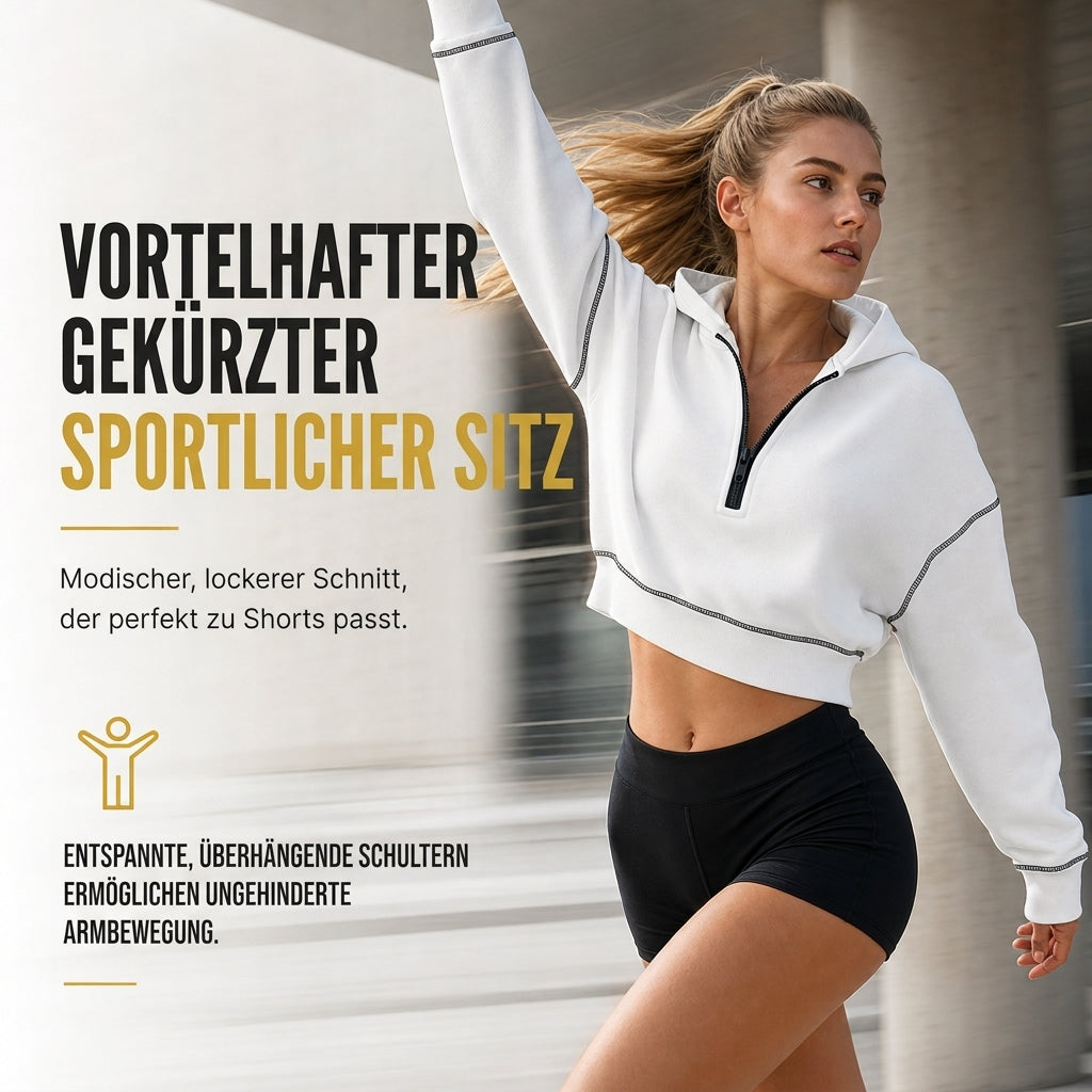 Damen-Kurzformatiges Hoodie mit Reißverschluss und Kontrastbesatz, langärmelig,Sweatshirt für Herbst und Winter