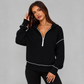 Damen-Kurzformatiges Hoodie mit Reißverschluss und Kontrastbesatz, langärmelig,Sweatshirt für Herbst und Winter
