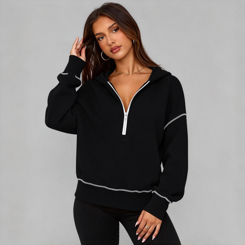 Damen-Kurzformatiges Hoodie mit Reißverschluss und Kontrastbesatz, langärmelig,Sweatshirt für Herbst und Winter