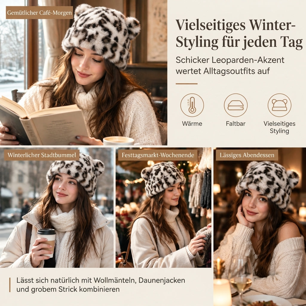 Flauschige Damen-Mütze aus Kunstpelz mit süßen Bärenohren, warme Pullover-Mütze für kalte Wintertage