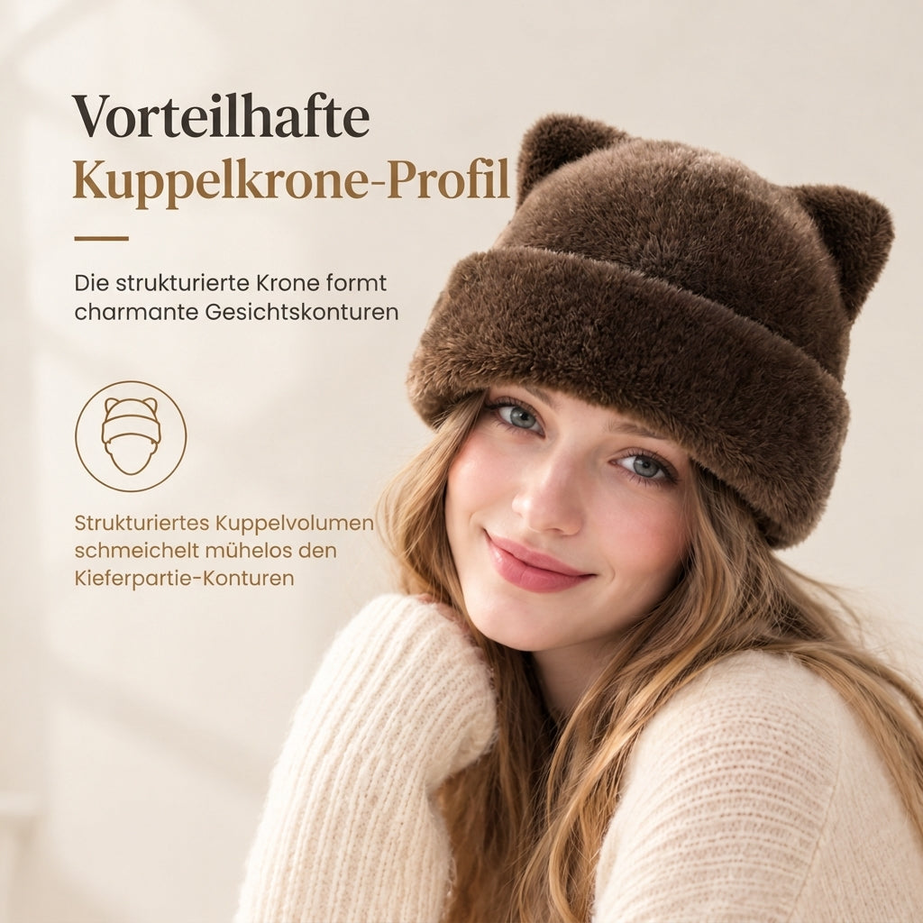 Flauschige Damen-Mütze aus Kunstpelz mit süßen Bärenohren, warme Pullover-Mütze für kalte Wintertage