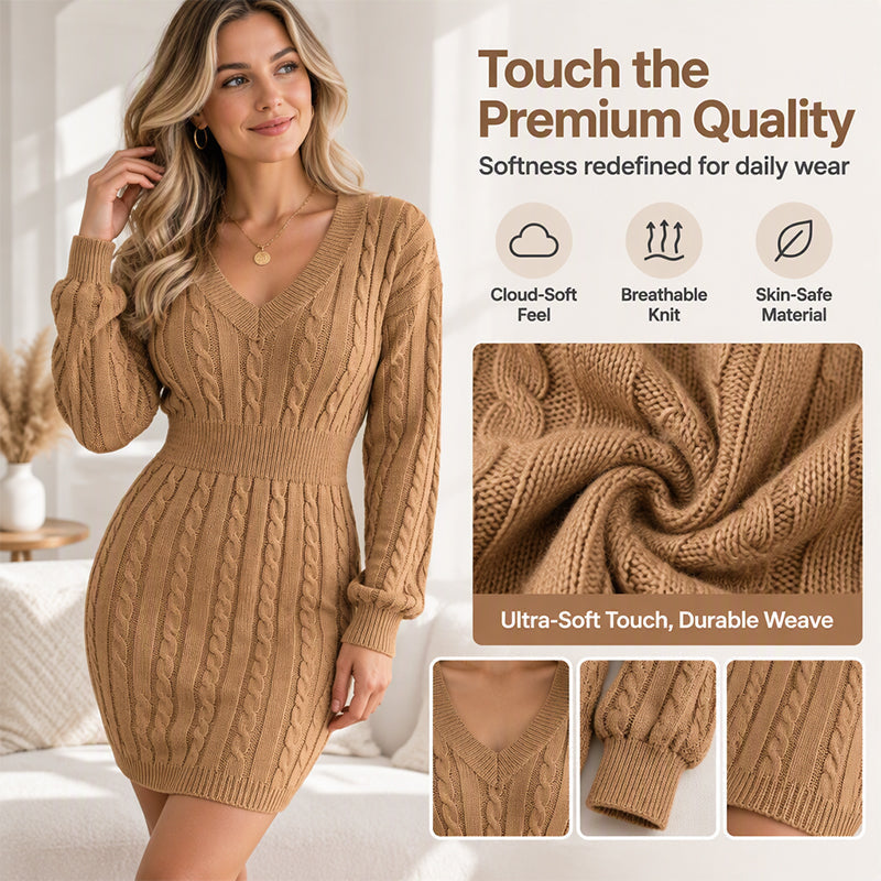 🔥🔥Elegantes Damen-Strickkleid mit Zopfmuster und figurbetontem Schnitt