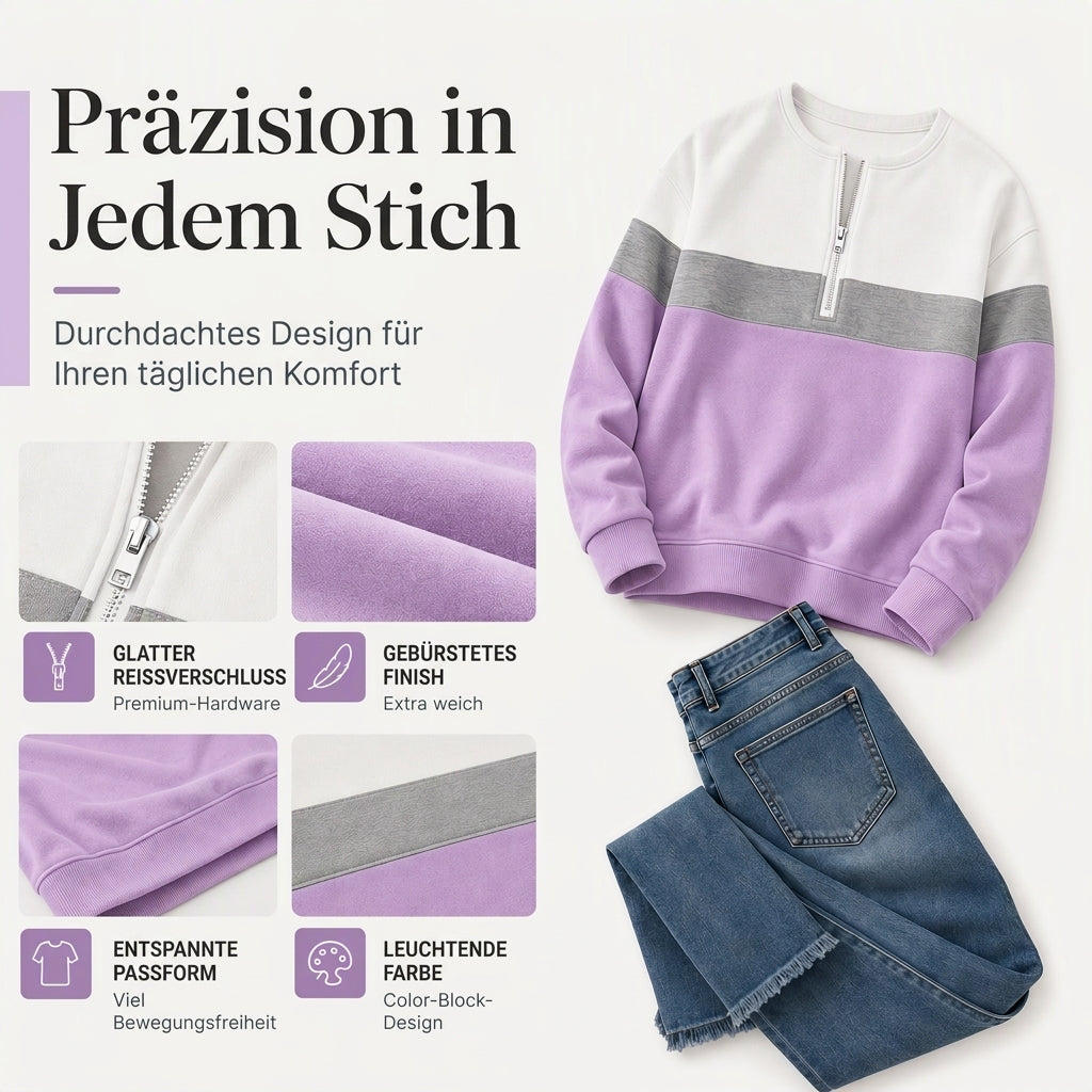 📢🎉🛍️✨Damen-Sweatshirt mit Farbblock und halbem Reißverschluss