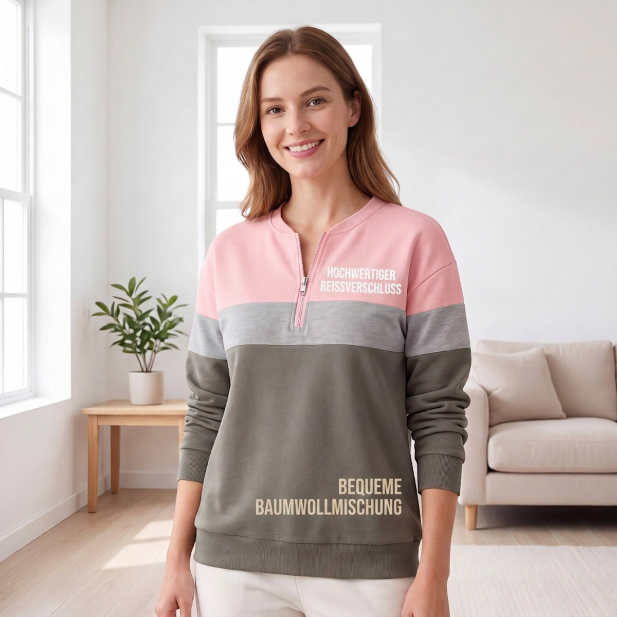 📢🎉🛍️✨Damen-Sweatshirt mit Farbblock und halbem Reißverschluss