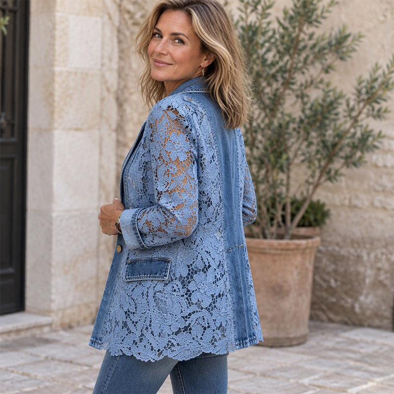 Damen Elegante Jacke mit Blumenspitze und Lochstickerei