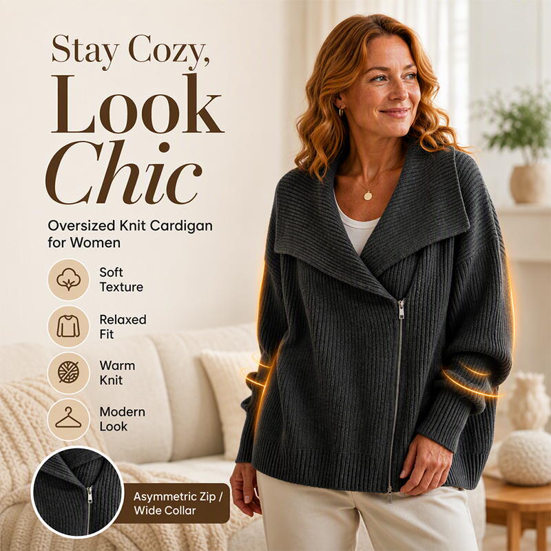 ✨ Schicke, asymmetrische Damen-Strickjacke mit Reißverschluss
