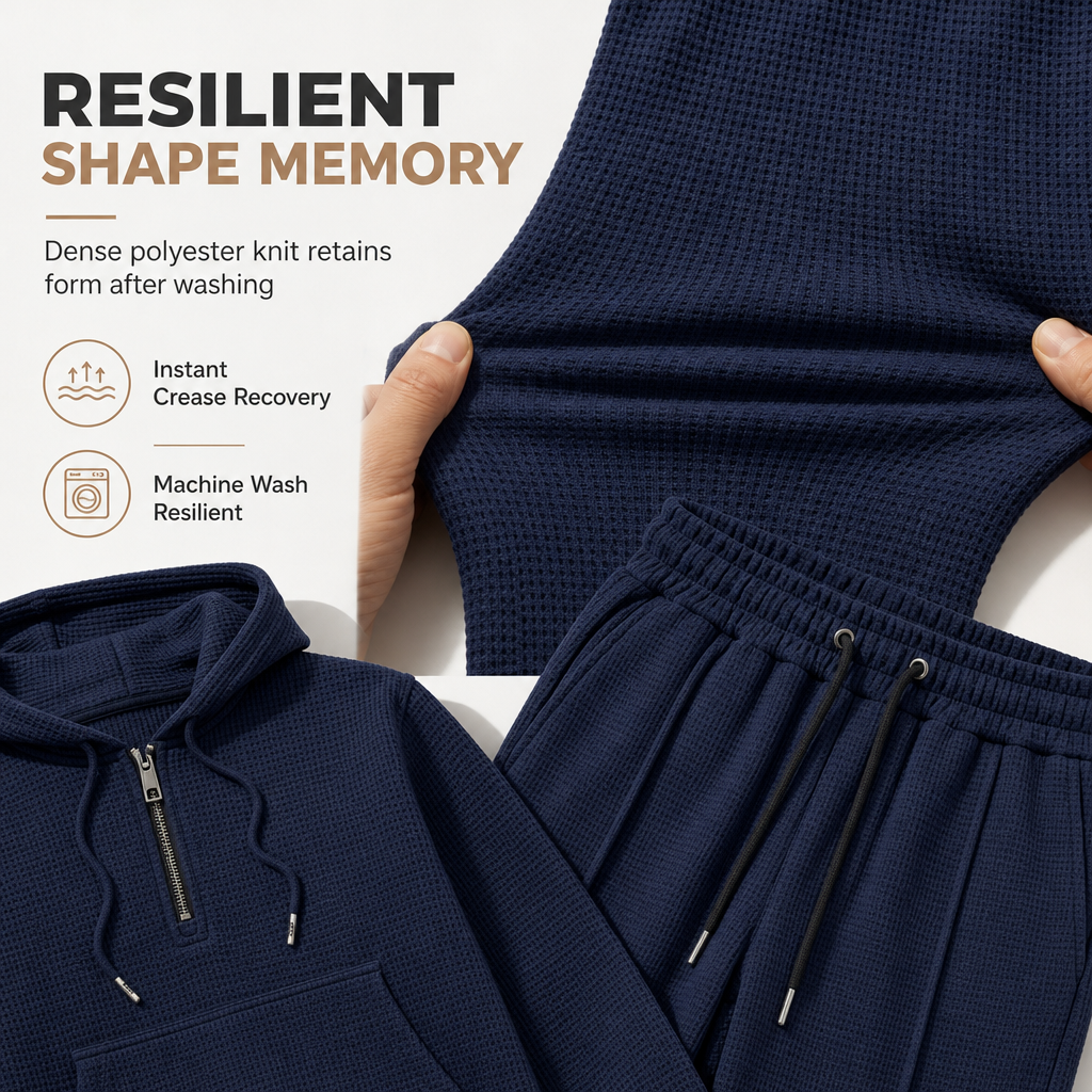 Lässiger 2-teiliger Trainingsanzug für Herren aus Waffelstrick – Kapuzenpullover mit halbem Reißverschluss und Hose mit geradem Bein