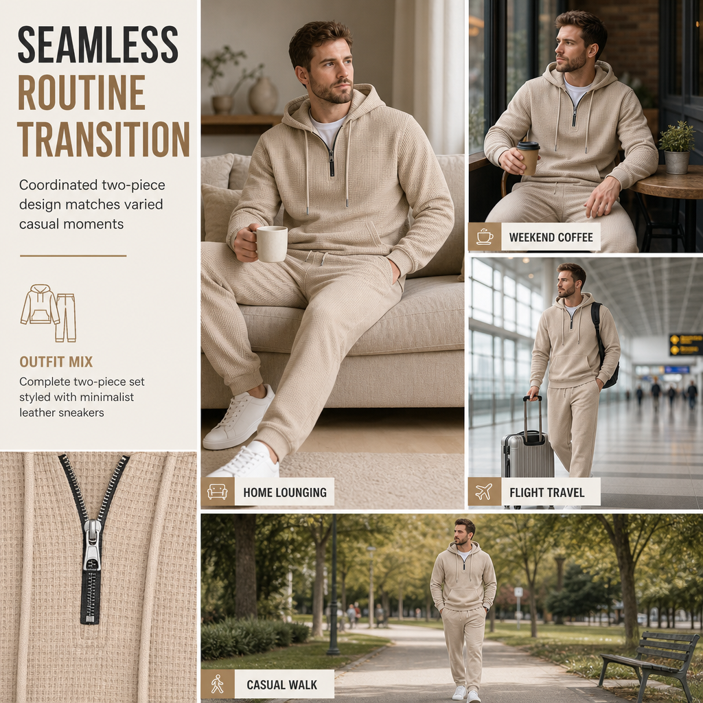 Lässiger 2-teiliger Trainingsanzug für Herren aus Waffelstrick – Kapuzenpullover mit halbem Reißverschluss und Hose mit geradem Bein