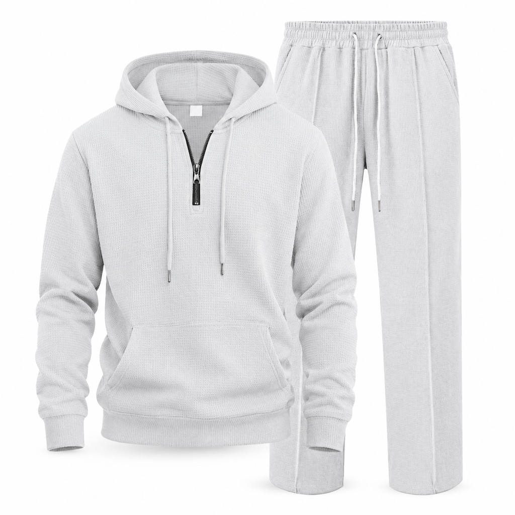 Lässiger 2-teiliger Trainingsanzug für Herren aus Waffelstrick – Kapuzenpullover mit halbem Reißverschluss und Hose mit geradem Bein