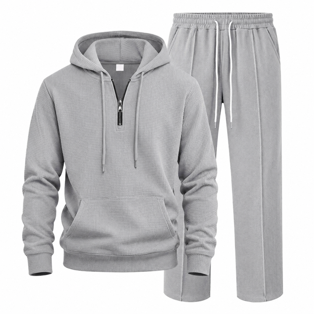 Lässiger 2-teiliger Trainingsanzug für Herren aus Waffelstrick – Kapuzenpullover mit halbem Reißverschluss und Hose mit geradem Bein