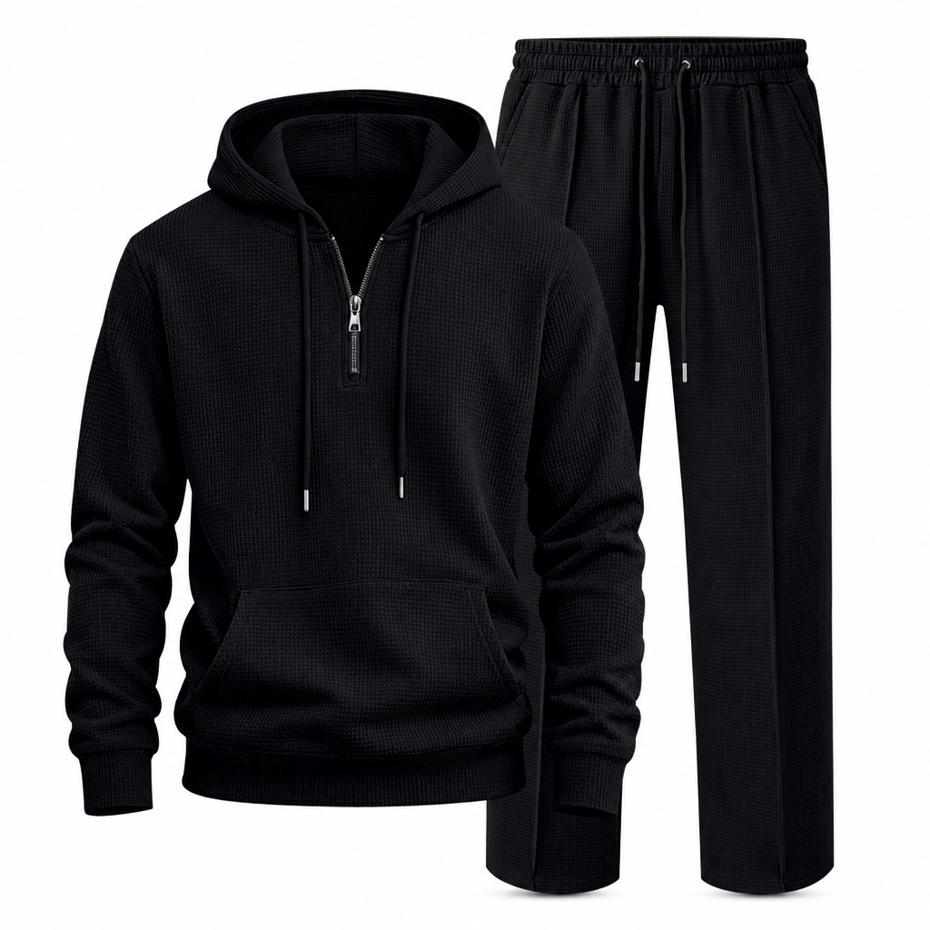 Lässiger 2-teiliger Trainingsanzug für Herren aus Waffelstrick – Kapuzenpullover mit halbem Reißverschluss und Hose mit geradem Bein