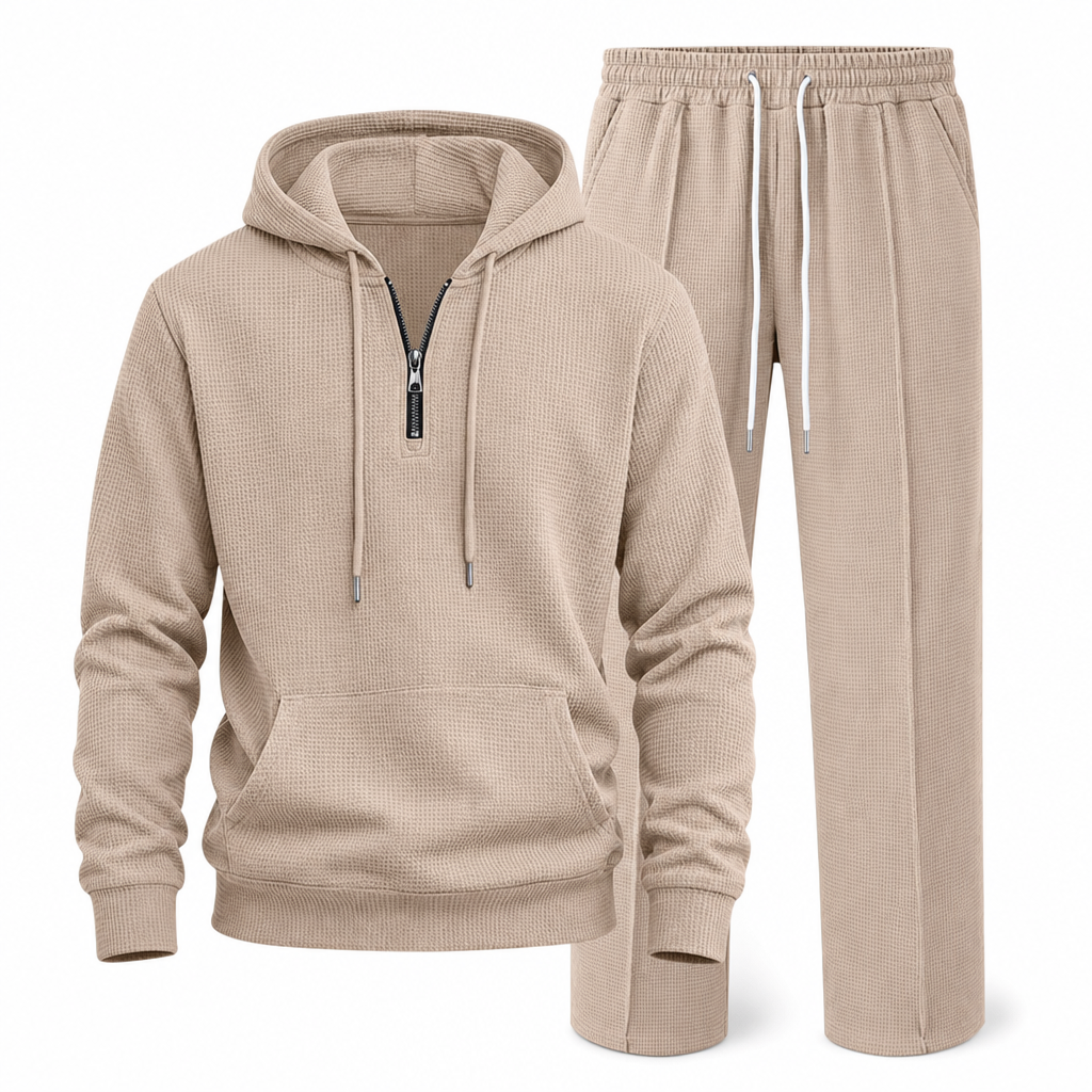 Lässiger 2-teiliger Trainingsanzug für Herren aus Waffelstrick – Kapuzenpullover mit halbem Reißverschluss und Hose mit geradem Bein