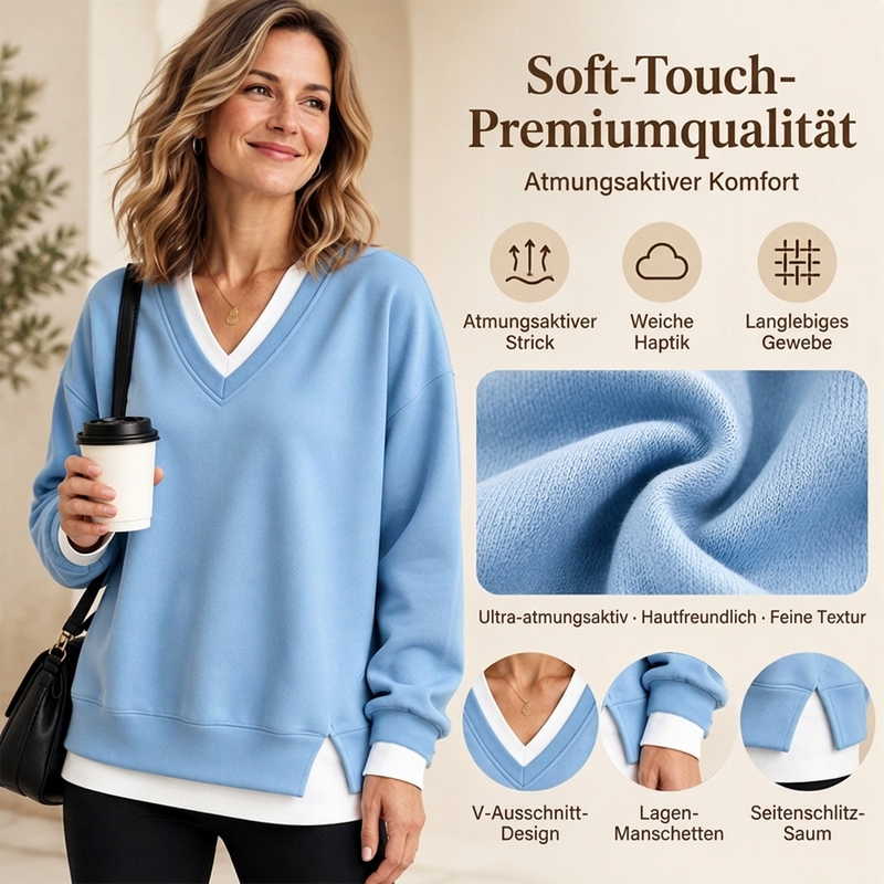 Damen Sweatshirt mit V-Ausschnitt im Layered-Look