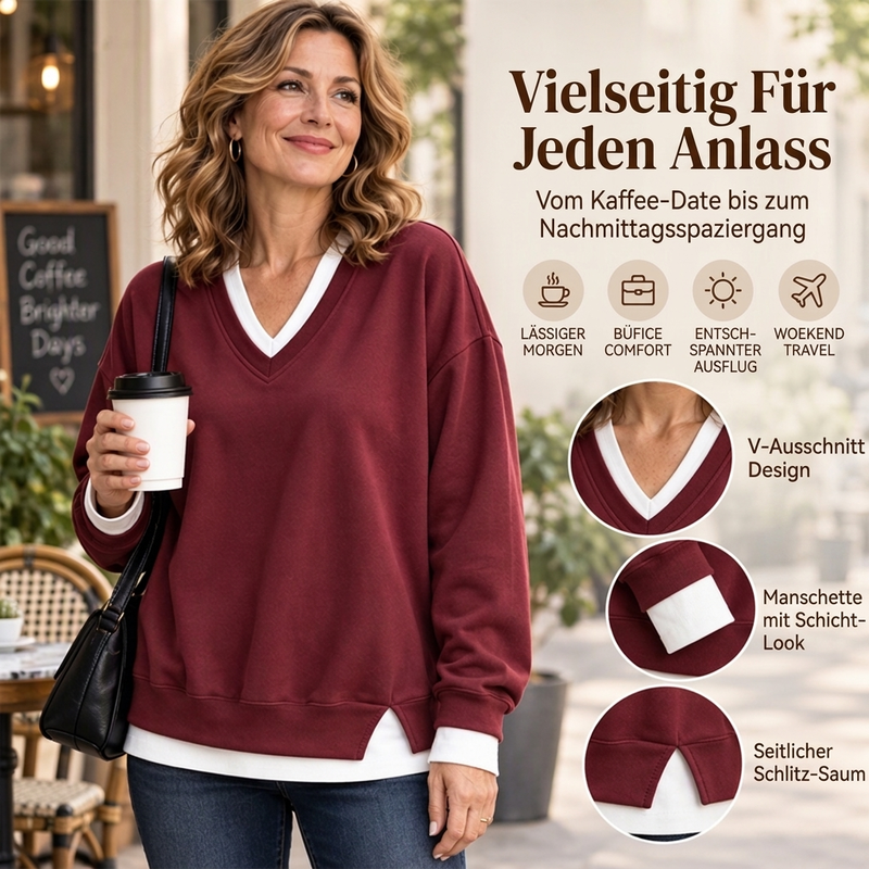 Damen Sweatshirt mit V-Ausschnitt im Layered-Look