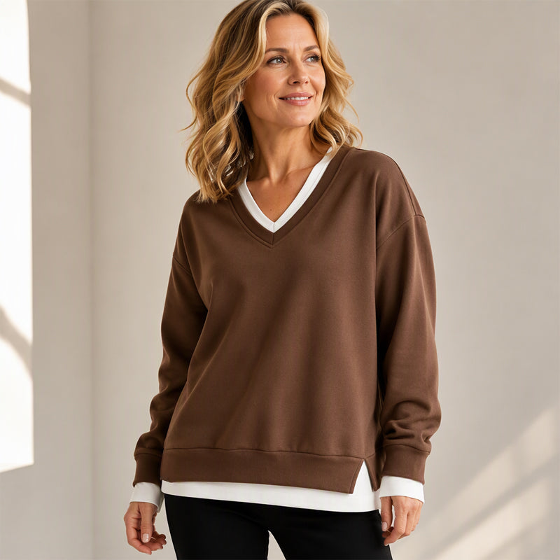 Damen Sweatshirt mit V-Ausschnitt im Layered-Look