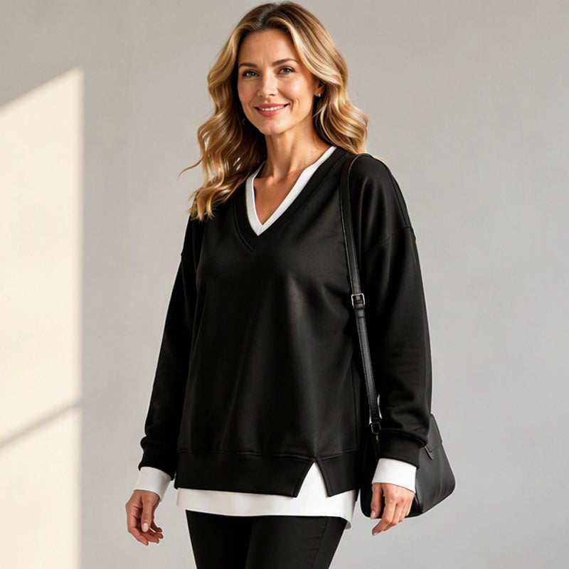 Damen Sweatshirt mit V-Ausschnitt im Layered-Look