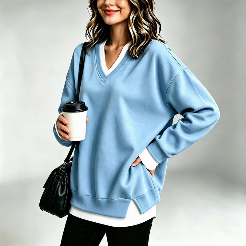 Damen Sweatshirt mit V-Ausschnitt im Layered-Look