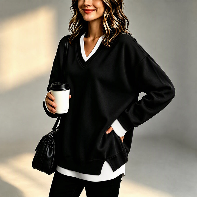 Damen Sweatshirt mit V-Ausschnitt im Layered-Look