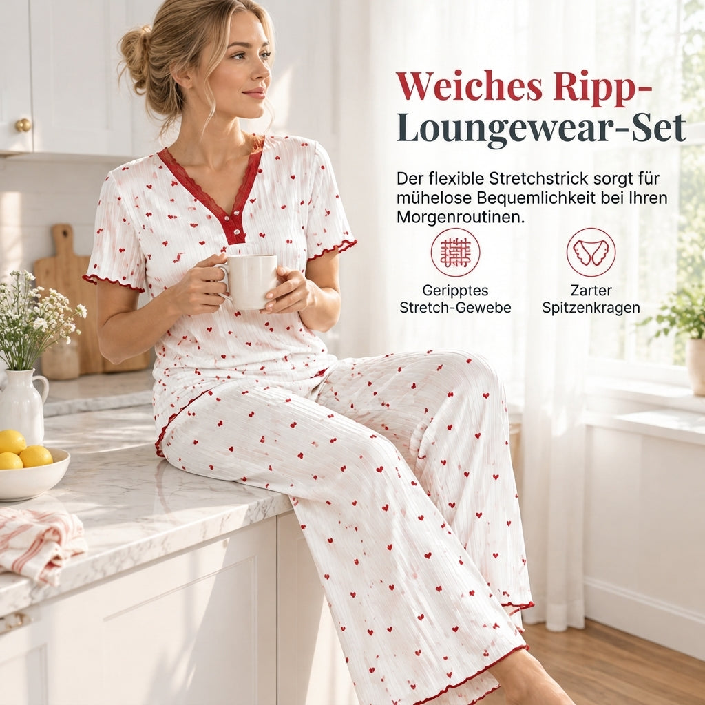 Bedrucktes Pyjama-Set für Damen, kurzärmliges Oberteil und lange Hose