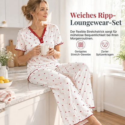 Bedrucktes Pyjama-Set für Damen, kurzärmliges Oberteil und lange Hose