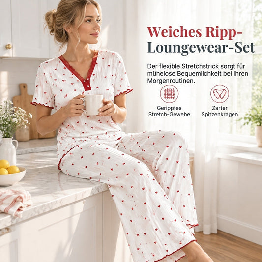 Bedrucktes Pyjama-Set für Damen, kurzärmliges Oberteil und lange Hose