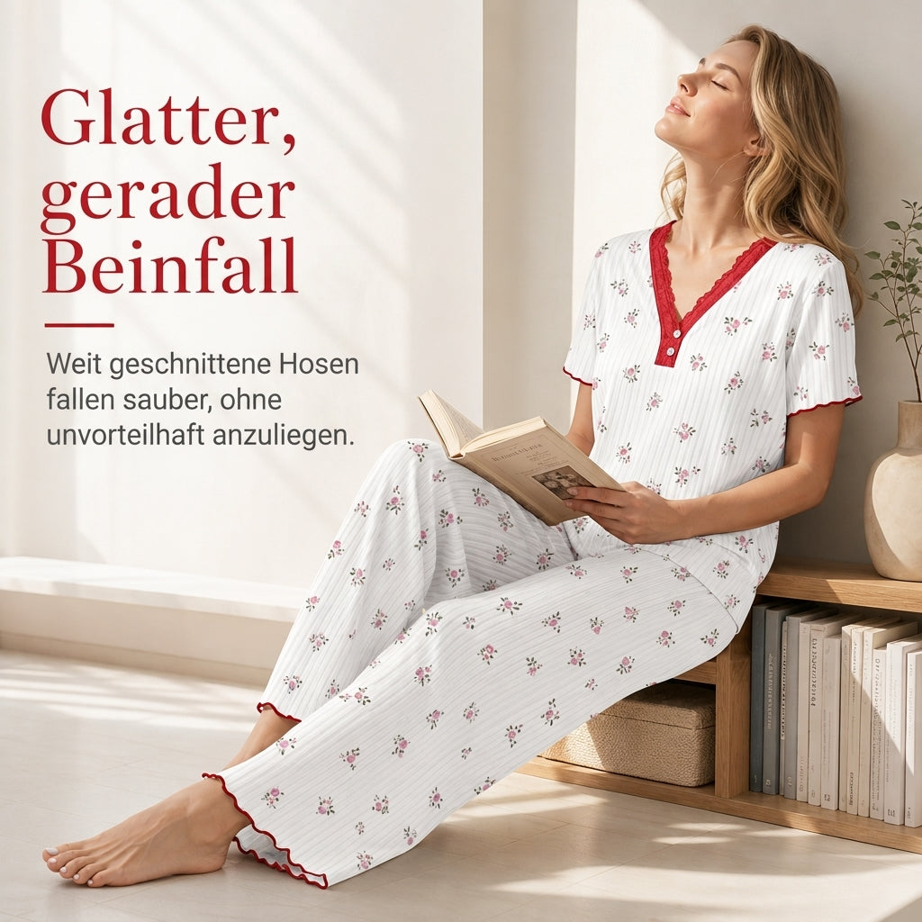 Bedrucktes Pyjama-Set für Damen, kurzärmliges Oberteil und lange Hose
