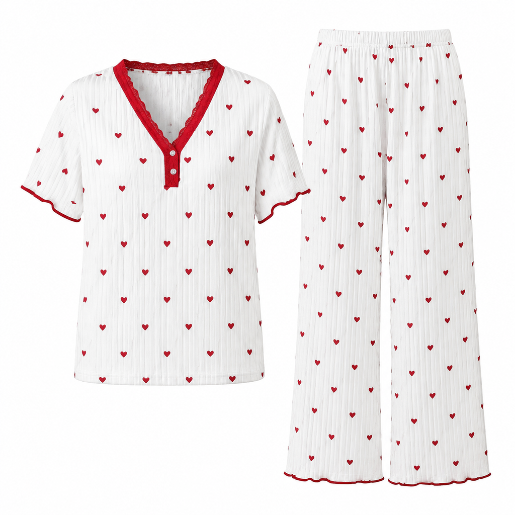 Bedrucktes Pyjama-Set für Damen, kurzärmliges Oberteil und lange Hose