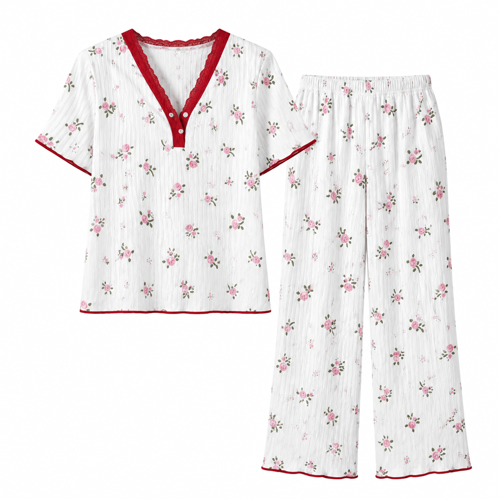 Bedrucktes Pyjama-Set für Damen, kurzärmliges Oberteil und lange Hose