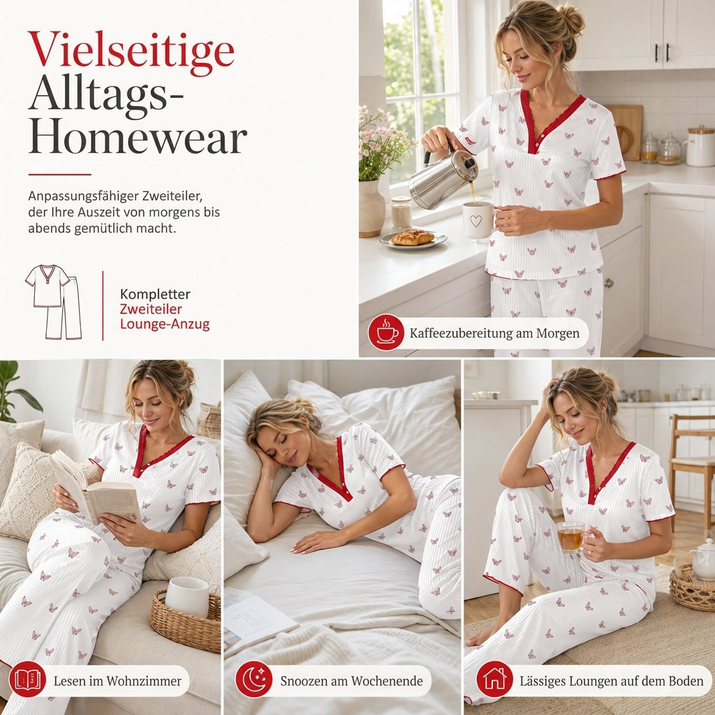 Bedrucktes Pyjama-Set für Damen, kurzärmliges Oberteil und lange Hose