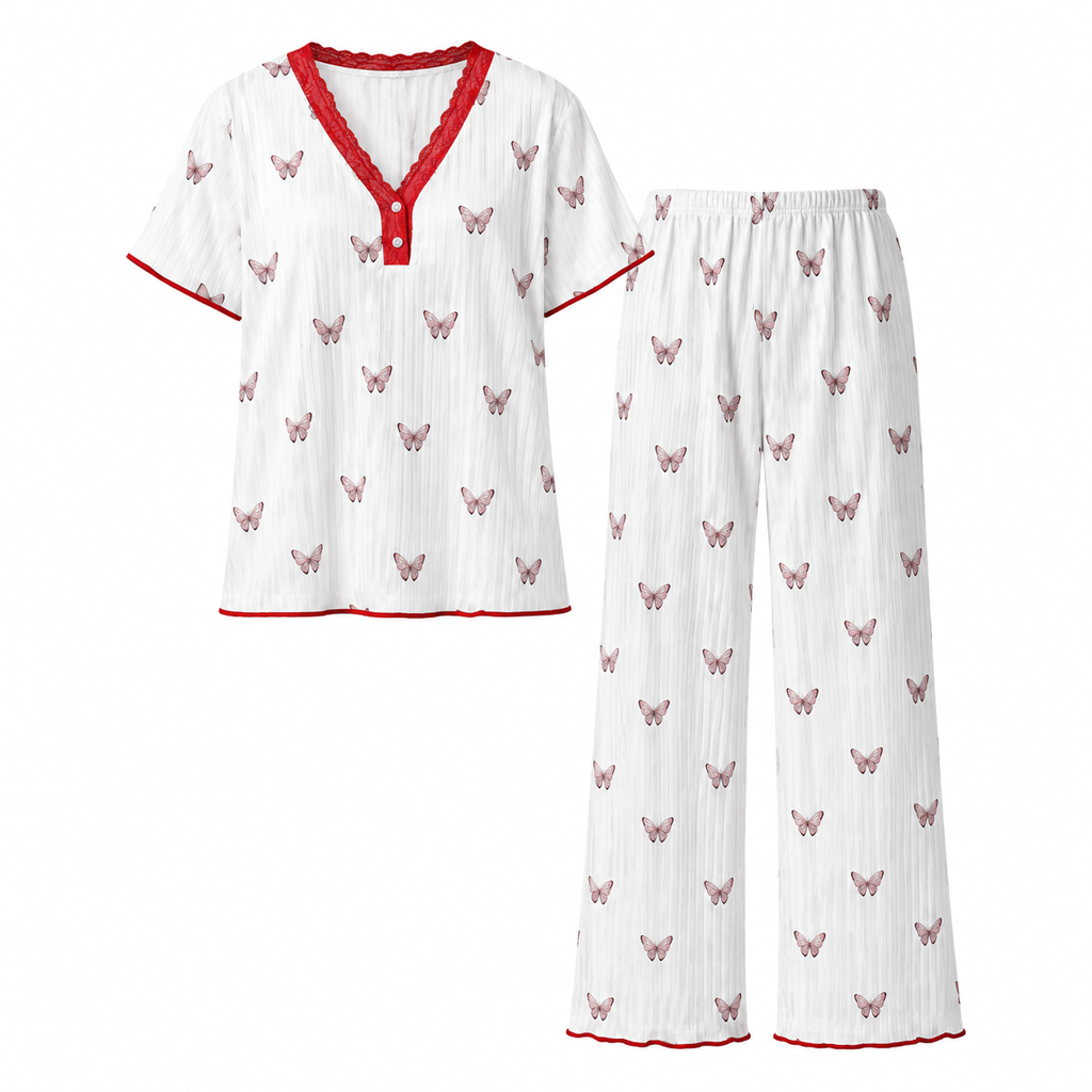 Bedrucktes Pyjama-Set für Damen, kurzärmliges Oberteil und lange Hose