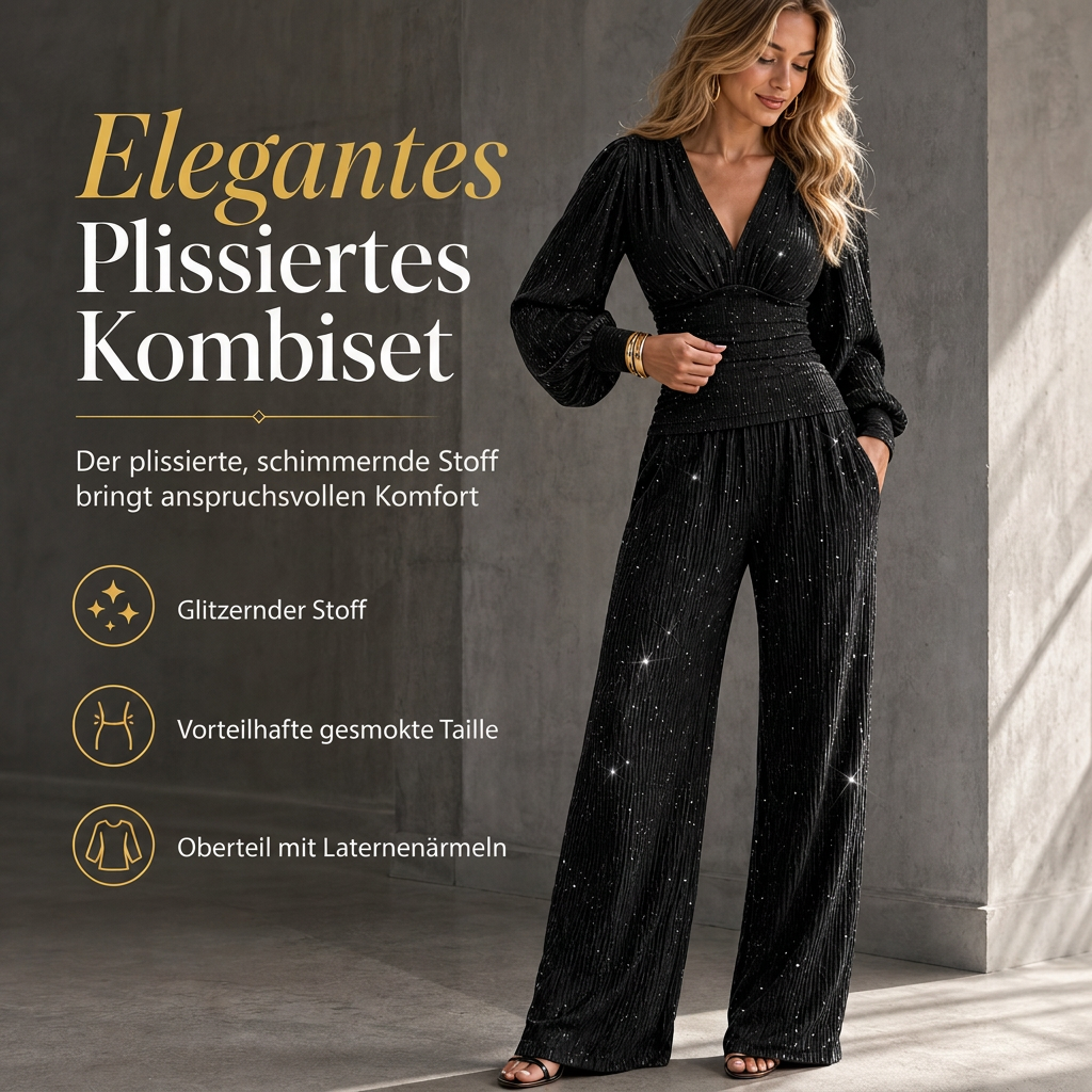 ⚡⚡Zweiteiliges Damen-Outfit Für Herbst und Winter Tiefer V-Ausschnitt, Ballonärmel, Plissiertes Oberteil und weithosen mit Taschen