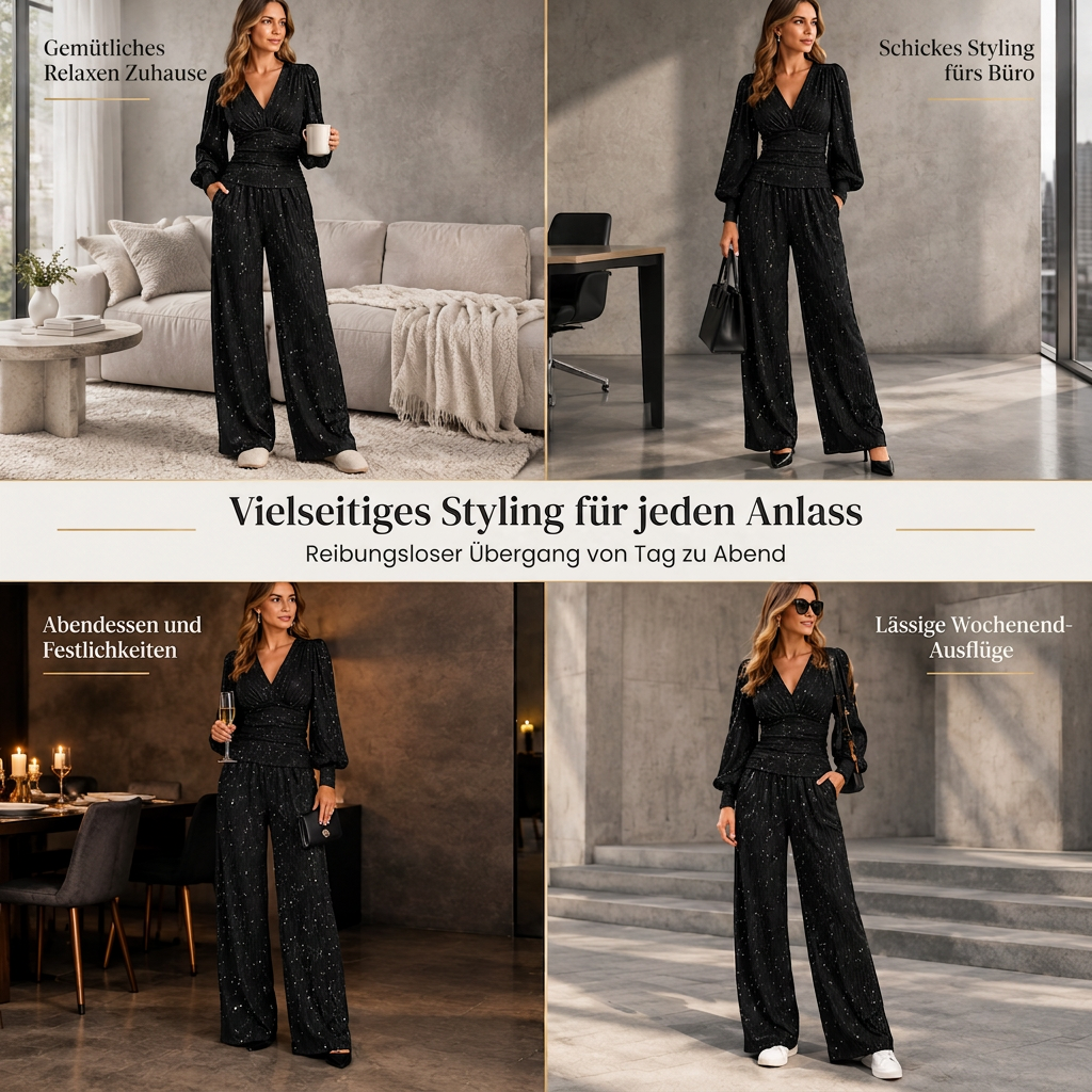 ⚡⚡Zweiteiliges Damen-Outfit Für Herbst und Winter Tiefer V-Ausschnitt, Ballonärmel, Plissiertes Oberteil und weithosen mit Taschen