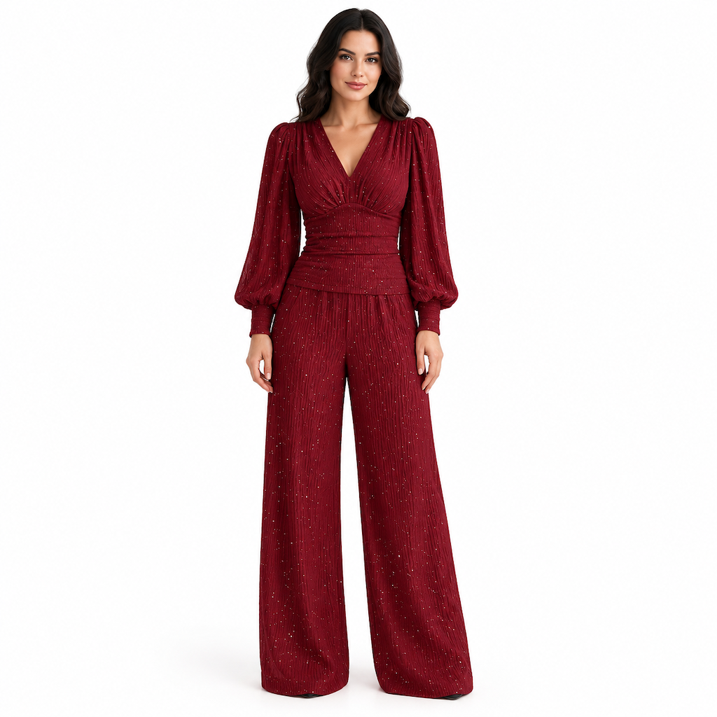 ⚡⚡Zweiteiliges Damen-Outfit Für Herbst und Winter Tiefer V-Ausschnitt, Ballonärmel, Plissiertes Oberteil und weithosen mit Taschen