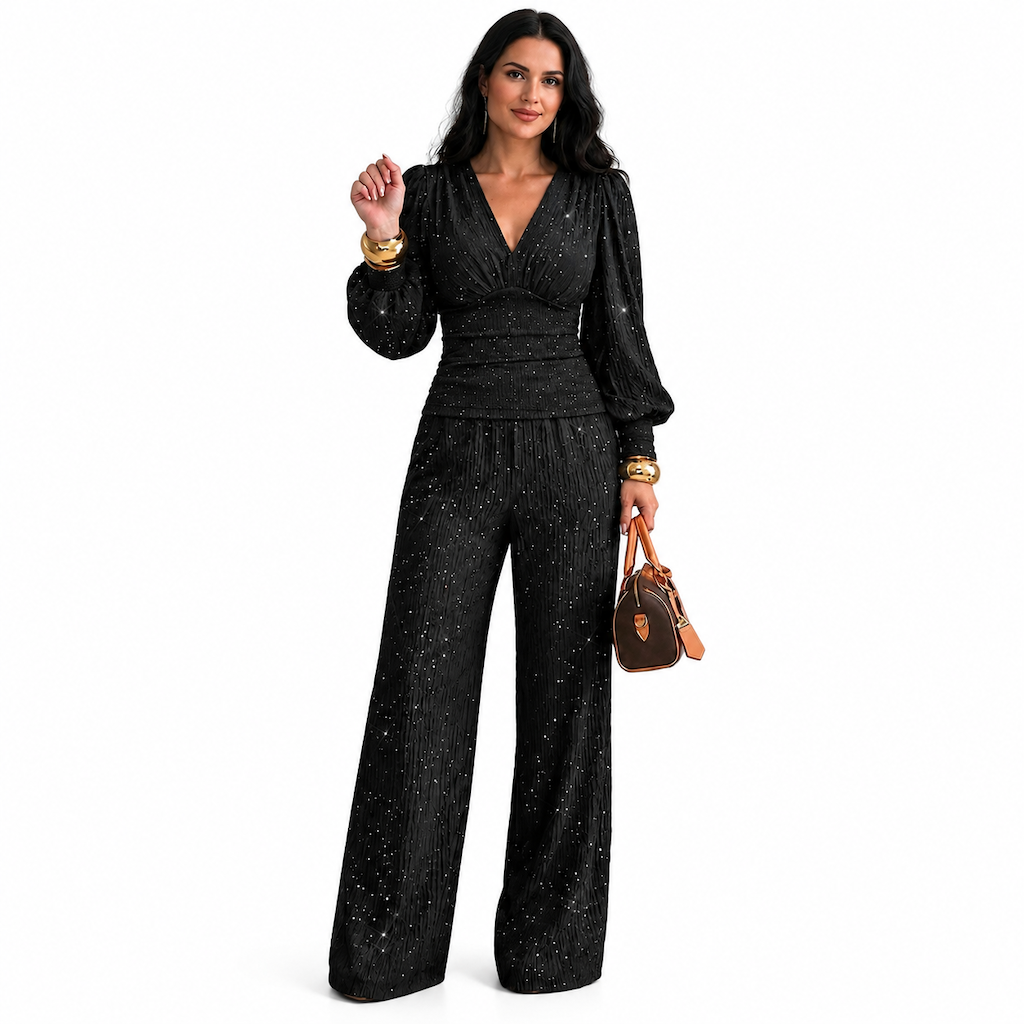 ⚡⚡Zweiteiliges Damen-Outfit Für Herbst und Winter Tiefer V-Ausschnitt, Ballonärmel, Plissiertes Oberteil und weithosen mit Taschen