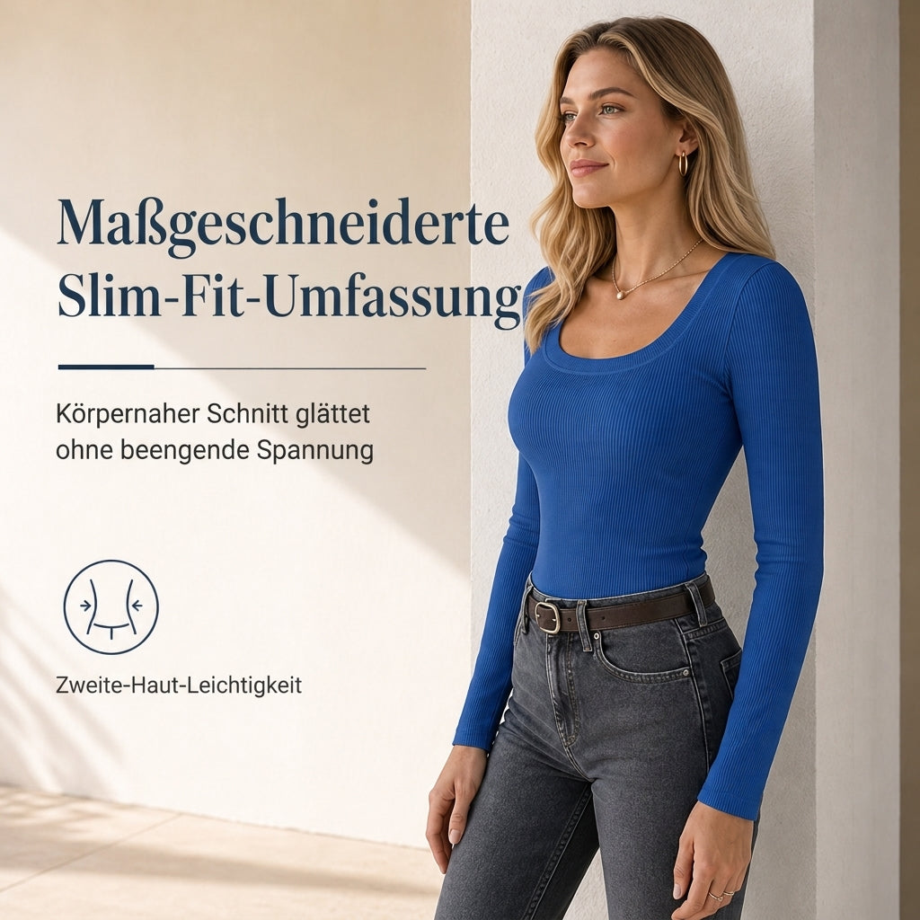 Damen Rippstrick-T-Shirt mit quadratischem Ausschnitt, langen Ärmeln und schmaler Passform