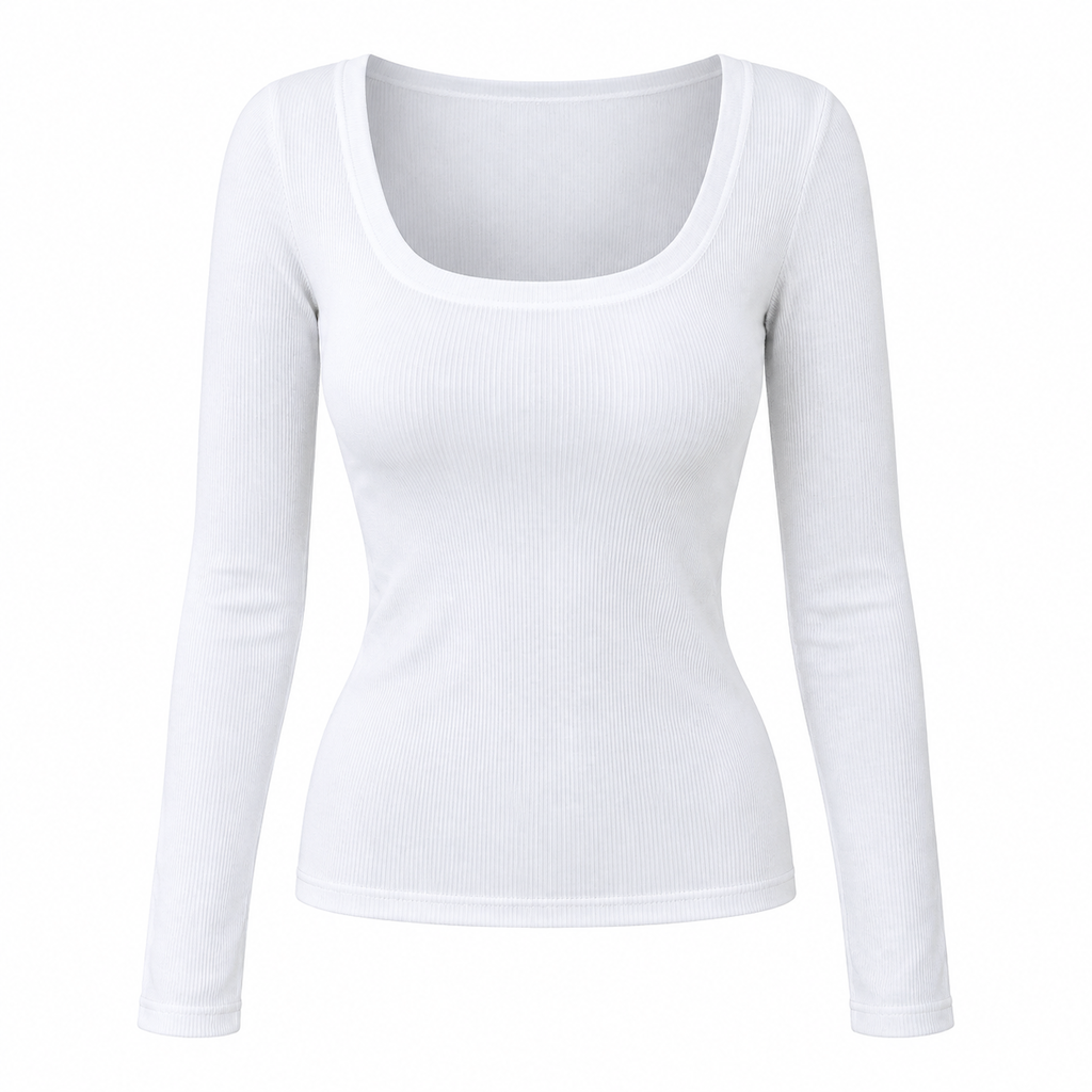 Damen Rippstrick-T-Shirt mit quadratischem Ausschnitt, langen Ärmeln und schmaler Passform