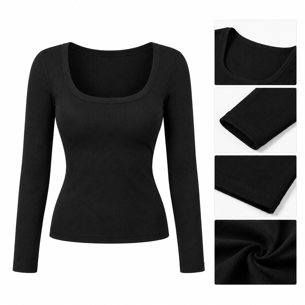 Damen Rippstrick-T-Shirt mit quadratischem Ausschnitt, langen Ärmeln und schmaler Passform