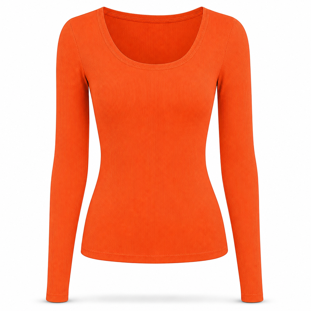 Damen Rippstrick-T-Shirt mit quadratischem Ausschnitt, langen Ärmeln und schmaler Passform